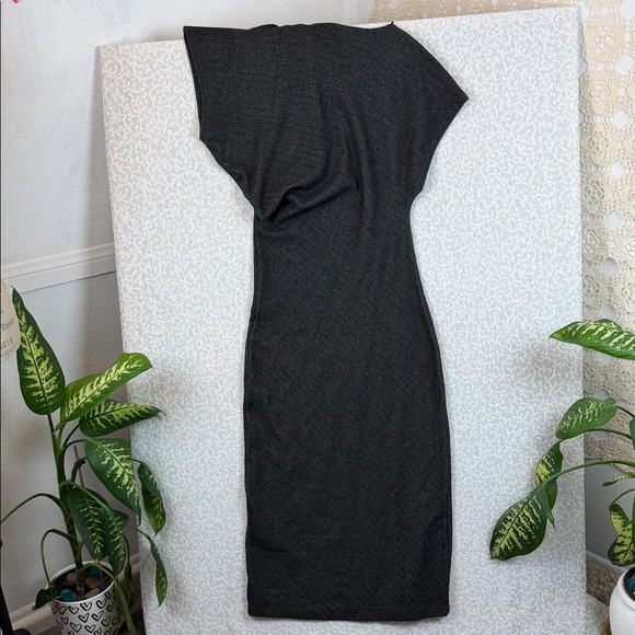 Zara Charcoal Asymmetrical Shoulder Bodycon Midi Jersey Dress Sz.S  Short Sleeve - Picture 5 of 11